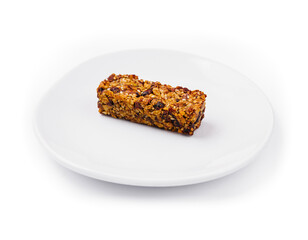 granola bar on white plate isolated on white background