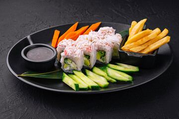 sushi rolls with crab sticks and cucumbers