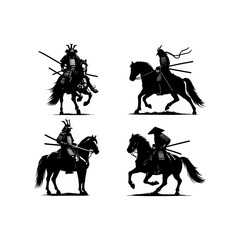 set of samurai knight vector silhouette - obrazy, fototapety, plakaty
