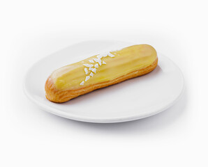 Delicious eclair with custard on plate top view
