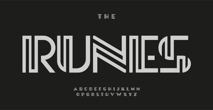 Lined blocky font, innovative geometric alphabet for modern logo, architectural headline, business typography. Monolithic luxurious geometrical style for urban futuristic designs. Vector maze typeset.
