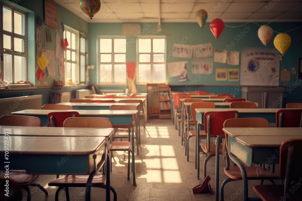 Poster sunlit empty classroom with colorful decorations. education and learning environment.