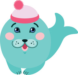 Little cute seal in a cap - vector full color picture. A simple children's drawing of a funny baby seal. Aquatic animal for children