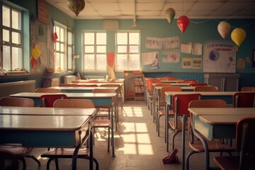 Sunlit empty classroom with colorful decorations. Education and learning environment.