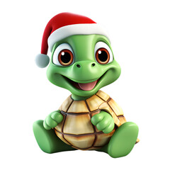 3d cartoon turtle santa isolated on white and transparent background
