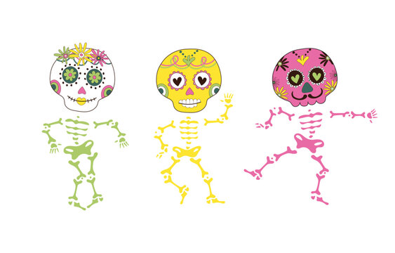 Sugar dancing skulls decorated by design elements and colorful floral ornament. Mexican national holiday Day of the dead. Festive banner templates for Dia de los muertos. Vector illustration