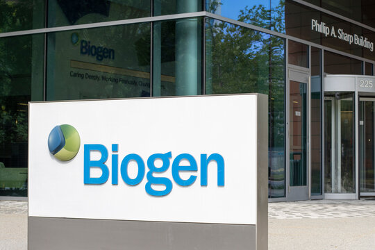 Cambridge, MA, USA - June 29, 2022: Biogen sign is seen at its headquarters in Cambridge, Massachusetts. Biogen is an American biotech company specializing in the treatment of neurological diseases.
