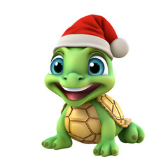3d cartoon turtle santa isolated on white and transparent background