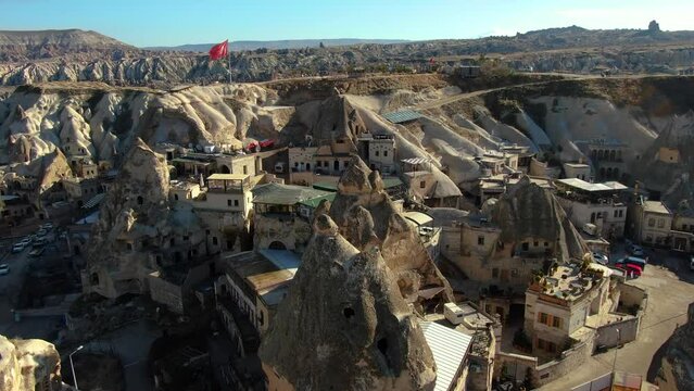 A bird's-eye view of enchanting cave hotels nestled in the unique landscapes of Cappadocia.