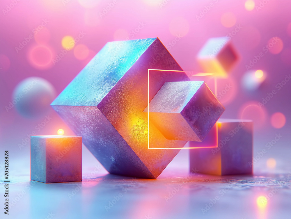 Poster abstract glowing background with cube and balls