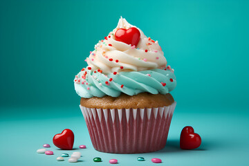 Cupcake with candies on blue background