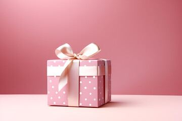 Pink gift box with ribbon on pink background