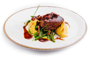 Steak with mashed potatoes and green beans