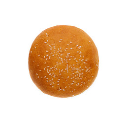Fresh burger bun with sesame seeds isolated on top view