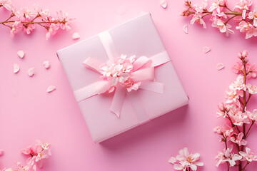 Pink gift box with pink ribbon and pink flowers on pink core background