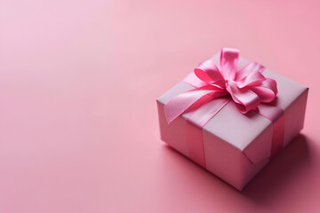Pink gift box with pink ribbon on pink background