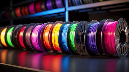 Multicolored filaments of plastic for printing on 3D printer close-up. Spools of 3D printing motley different colors thermoplastic filament. Motley ABS wire plastic for 3d printer. Additive technology - obrazy, fototapety, plakaty