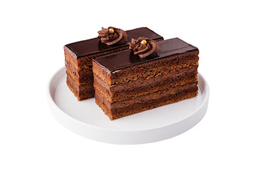 Close up of two pieces of chocolate cake on plate