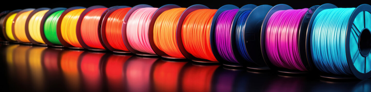 Multicolored filaments of plastic for printing on 3D printer close-up. Spools of 3D printing motley different colors thermoplastic filament. Motley ABS wire plastic for 3d printer. Additive technology