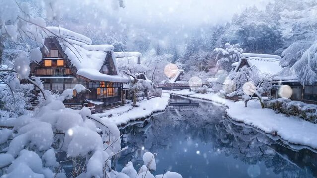 winter scenery in Japan with heavy snowfall. Seamless looping time-lapse virtual video animation background 