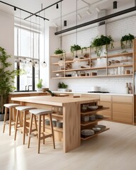 A picture of a kitchen with a large island made of natural wood and plenty of storage space. The room has a modern feel with clean lines and simple decor, but also has plenty of natural elements li - obrazy, fototapety, plakaty