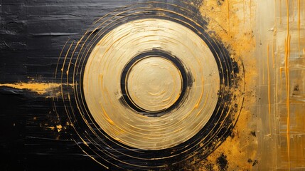 Generative AI, Black and golden painted colors, circle shapes vintage painting background. Grunge old oil impasto painted wall texture	
