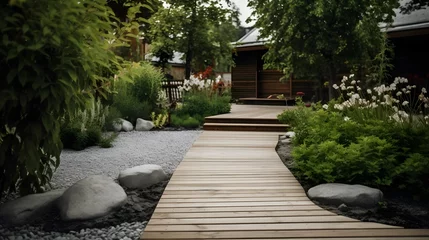 Tuinposter A picture of a garden with a natural wood deck and plenty of plants and flowers. The garden has a modern and minimalistic style with clean lines and simple decor, but also has plenty of natural ele © outers