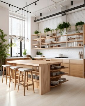 A picture of a kitchen with a large island made of natural wood and plenty of storage space. The room has a modern feel with clean lines and simple decor, but also has plenty of natural elements li