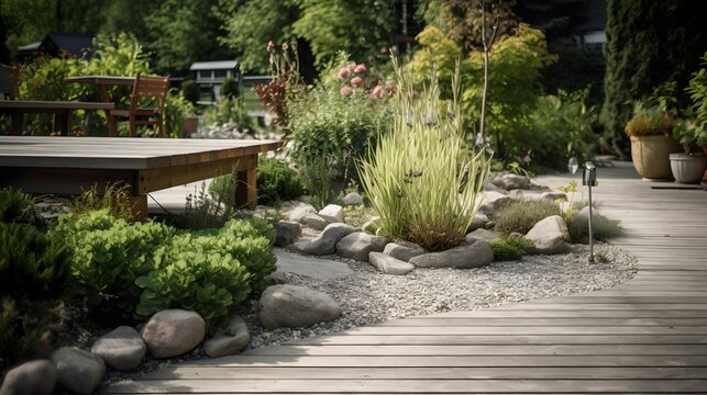 A picture of a garden with a natural wood deck and plenty of plants and flowers. The garden has a modern and minimalistic style with clean lines and simple decor, but also has plenty of natural ele