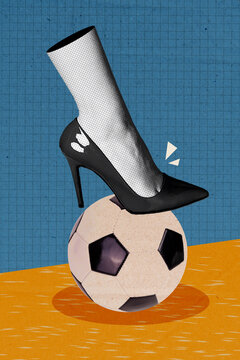Collage 3d image of pinup pop retro sketch of woman leg high heel playing football manager girl boss billboard comics zine minimal concept