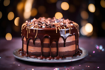 Fototapeta na wymiar Chocolate frosted birthday cake on the table, beautiful bokeh background