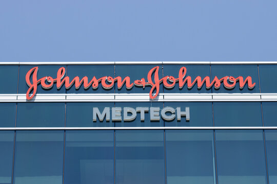 Santa Clara, CA, USA - Apr 29, 2022: Johnson and Johnson MedTech sign is seen at its office in Santa Clara, California. The segment covers interventional solutions, orthopedics, surgery and vision.