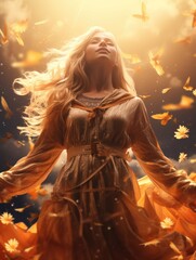 Ethereal woman in golden light with autumn leaves floating around, a serene and dreamy scene.