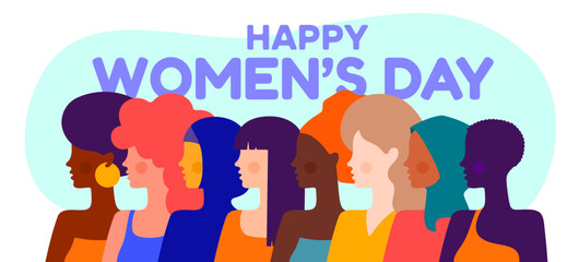 Happy Womens Day. Different ethnicity multi-ethnic parade beauty women. Simple character women different nationalities, races, Arab, Asian, European, African. Chinese, Latin women. Vector Illustration