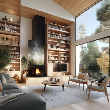 A picture of a double-height living room with a fireplace and a built-in bookshelf made of natural wood. The room has a modern feel with clean lines and simple decor, but also has plenty of natural