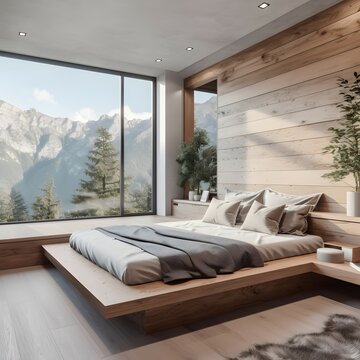 A photo of a bedroom with a built-in platform bed made of natural wood, with a large window positioned to take advantage of the beautiful view outside. The room has a neutral color scheme with plen
