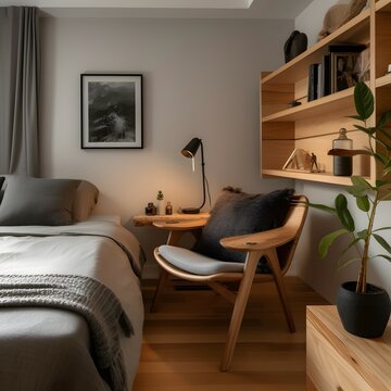An image of a bedroom with a cozy reading nook featuring a comfortable chair and a built-in bookshelf made of natural wood. The room has a modern and minimalistic style with natural wood accents, b