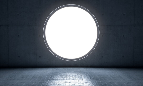 circular window in concrete wall, interior, nobody.