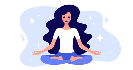 Woman in yoga meditation pose. Beautiful woman sitting in yoga lotus meditation pose, relax, breath on white background. Cute woman doing exercise, practicing yoga, lifestyle. Vector illustration