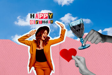 Creative collage picture festive happy birthday celebration happy young girl feel good joyful...