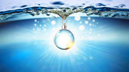 The image depicts a magnifying glass suspended in clear blue water, with bubbles and sun rays, symbolizing clarity, purity, and examination.Background concept. AI generated.