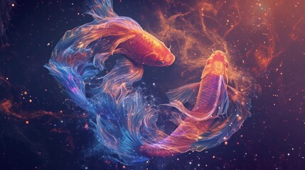 Two abstract fish intertwined in a dynamic, watery light composition on a red-blue misty background - obrazy, fototapety, plakaty