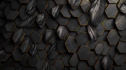 feathers on dark hexagon oak wood texture - obrazy, fototapety, plakaty