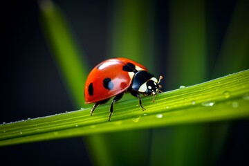 Photo of a ladybug perched on a blade of grass. Generative AI