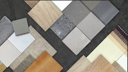 top view of interior material samples board including artificial stones, wooden tiles, concrete...