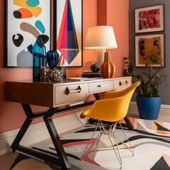 Modern Theme A home office that features a modern theme with sleek lines, bold colors, and statement pieces. Think of a colorful desk, a sculptural chair, and a geometric rug. The photo should be t