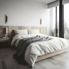 Fototapeta na wymiar Minimalist Theme A bedroom that features a minimalist theme with a neutral color palette, clean lines, and simple decor. Think of a platform bed with a minimalist wooden headboard, a monochromatic