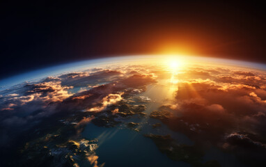 Fototapeta na wymiar Stunning sunrise view from space showcasing Earth's horizon with atmospheric glow and sunburst, depicting the beauty and fragility of our planet