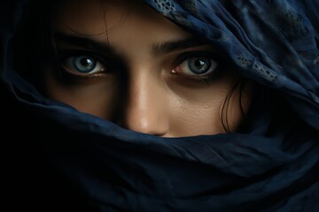 Naklejka premium Closeup portrait of a beautiful young woman with blue eyes in a veil