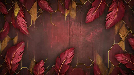 Fotobehang red bordeaux feathers on textured wooden background with golden geometric © Klay
